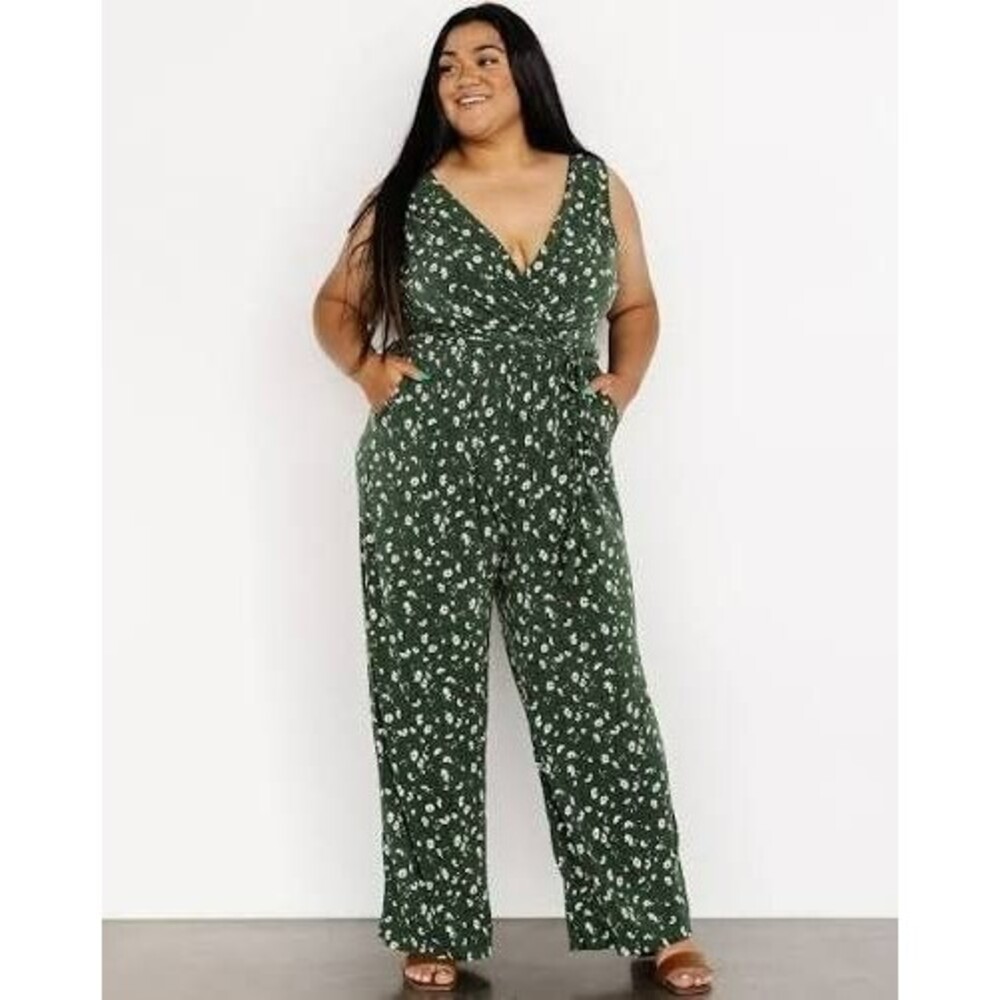 Baltic Born Women's Ashlyn Jumpsuit Plus 3X Green Floral Wide Leg Jersey Pockets